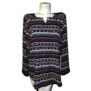 New Christopher & Banks Womens XL Navy Geometric Stripe Split Neck Roll-Tab Top